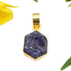 Minimaliste Réel Rugueux Bleu Saphir Septembre Pierre De Naissance 13-16MM 18k Plaqué Or Pendentifs Bijoux Pour Filles Femmes En Gros En Vrac - Product Image 2