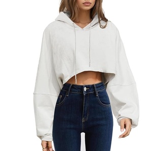 Sudadera Corta con Capucha para Mujer, Color Blanco Sólido, Manga Larga, Tejido de Algodón, Estilo Holgado, para Otoño - Product Image 1