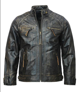 Chaqueta de cuero de motorista para hombre personalizada, marcas rústicas naturales, cuero de vaca, negro, motocicleta desgastada, estilo clásico, chaqueta con cuello levantado - Product Image 2
