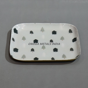 Stylish White Steel Tray With Rectangular Shape and Forest Tree Motif for Food Serving and Home Decor - Product Image 1