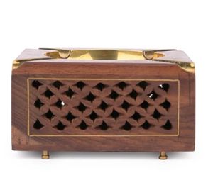 Cenicero cuadrado de madera con tapa de latón y trabajo Jaali en los lados Cenicero de escritorio interior y exterior de madera artesanal - Product Image 3