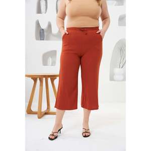 RMG <b>Plus</b> <b>Size</b> Wide Leg Cotton Capri Pants for Women - Comfortable Knitted Terracotta Calf-Length Trousers - Product Image 1