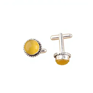 Ensemble de boutons de manchette de luxe unisexe en argent sterling 925 plaqué, avec pierre œil-de-chat jaune, faits à la main par un designer - Product Image 5