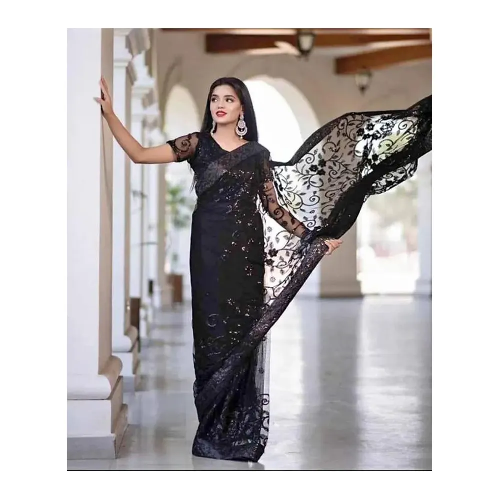 Vêtements ethniques pakistanais dames noir beau sari pour filles tissu de haute qualité emballage personnalisé
