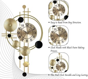 Reloj de pared tradicional de cuarzo metálico (32x18,5 pulgadas) elegante para sala de estar dormitorio cafés hoteles restaurantes Decoración - Product Image 4