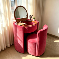 Ensemble coiffeuse et tabouret de maquillage en bois rembourré de velours, style vintage moderne de luxe, avec rangement dissimulé et miroir rond