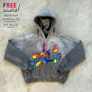 Pull-over à capuche personnalisé pour hommes, délavé à l'acide, polaire de poids lourd avec strass, design vieilli vintage, logo sérigraphié pour l'hiver - Product Image 4