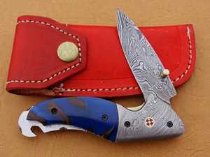 Couteau de chasse pliable personnalisable avec manche de traversin en damas et gaine en cuir supporté par l'OEM - Product Image 2