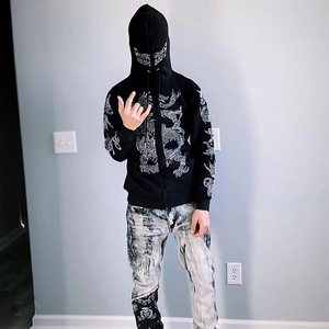 Sweat à capuche en polaire délavée vintage personnalisé pour hommes avec fermeture éclair au soleil en strass avec broderie d'appliques en détresse intense Streetwear pour l'hiver - Product Image 2