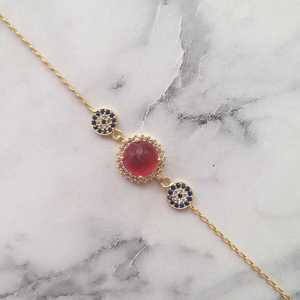 925 Sterling Silver Fashion Charm <b>Bracelet</b> with <b>Red</b> Stone and Evil Eye Bead - Product Image 2