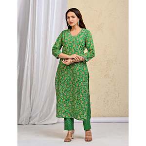 Green <b>Block</b> <b>Printed</b> Cotton Kurta Pant Set Mulmul Dupatta Indian Ethnic Style for Parties Special Occasions Net Fabric Stitched - Product Image 4