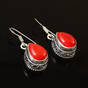 Pendiente colgante de gota para mujer Chapado en plata de ley 925 sólida Baho Vintage facetado de pera con piedras preciosas de Coral Natural de alta calidad - Product Image 1