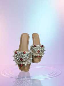 Qureshi công ty thương mại mô hình 008 nhà thiết kế đính cườm dép phẳng zardozi trên mở Toe xu hướng thời trang ngoài trời nền tảng có tính năng - Product Image 2