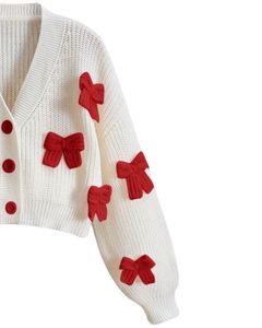 Customized White Knitted <b>Cropped</b> <b>Cardigan</b> Sweater With Red Bow Applique <b>Women</b> Winter Button Front Soft Warm Fashion Top OEM - Product Image 3