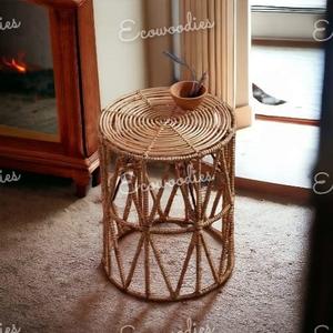 Taburete Redondo de Caña de Ratán, Mesas Laterales Redondas Pequeñas de Estilo Nórdico para Sala de Estar, Muebles de Interior de Mimbre, Consola con Incrustaciones de Hueso - Product Image 2