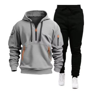 Ensemble de survêtement pour homme en polaire à séchage rapide, sweat-shirt à fermeture éclair multi-poches et pantalon de jogging, vêtements de sport chauds en 2 pièces - Product Image 5