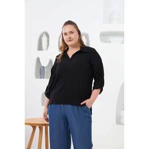 Blusa de punto arrugada negra de talla grande RMG para mujer - Top de verano cómodo y elegante con mezcla de elastano - Product Image 4