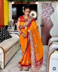 Jyothika Double Colored North and South Indian Fashionable <b>Saree</b> With Zardosi Fabric Blouse Piece Wedding Special - Product Image 2