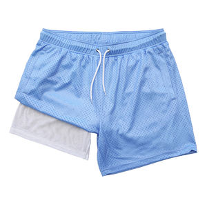 Shorts décontractés pour hommes en maille bleue respirante avec cordon de serrage, couleur unie, tissu tricoté 100% polyester - Product Image 6