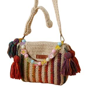 Hand-Woven Woolen Crossbody Bag Snowflake Yarn <b>Hook</b> Pearl Chain Tassel Colorful Bead Chain Neutral Textile Fabric Artificial - Product Image 3