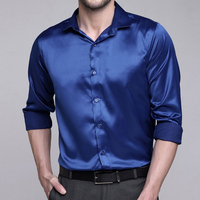 Baju Satin pria Premium biru laut berkilau mewah Floral Jacquard sutra seperti Lengan Panjang baju modis kasual Streetwear