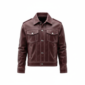 PREMIUM <b>MEN'S</b> BROWN GENUINE <b>LEATHER</b> TRUCKER <b>JACKET</b> WITH BUTTON FRONT FLAP POCKETS CLASSIC CASUAL OUTERWEAR - Product Image 1