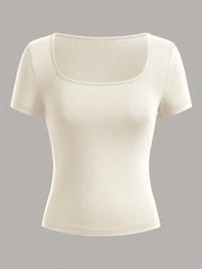 เสื้อยืดคอกลมแขนสั้นเซ็กซี่กระชับสัดส่วนฤดูร้อนของผู้หญิงเสื้อยืดเกาหลีสีพื้นผ้าโพลีเอสเตอร์/ ผ้าฝ้ายแห้งเร็วและระบายอากาศได้ดี - Product Image 2