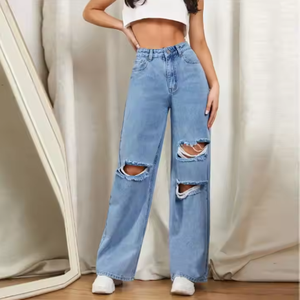 Vente en gros de pantalons évasés en jean de qualité supérieure pour femmes braguette à glissière personnalisée avec détail déchiré jean mode jambe ample et large - Product Image 1