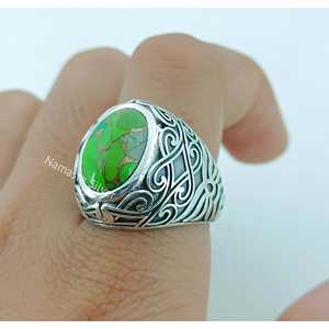 Handmade Boho Gemstone Women's <b>Ring</b> Green Copper Turquoise Oval 925 Sterling Silver Bezel Setting <b>Statement</b> Piece Gift for Her - Product Image 1