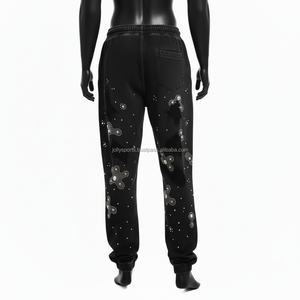 กางเกงจ็อกเกอร์ผ้าฝ้ายหนาสีดำมีรอยขาดแต่งพลอยเทียมมีรายละเอียดการถ่ายเทความร้อนที่กำหนดเอง320GSM ล้างโลโก้แฟชั่นของผู้ชาย - Product Image 2