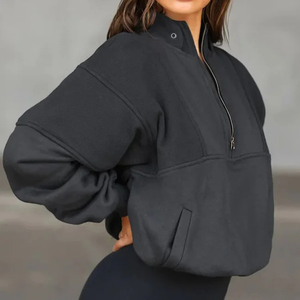 Custom Embossed Logo Oversize Heavy Cotton Sports Workout Wear Half <b>Zip</b> Womens <b>Hoodie</b> Sweatshirts With <b>Pocket</b> - Product Image 2