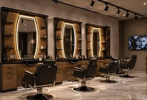 Commercial Barber Shampoo Unit <b>LED</b> <b>Mirror</b> Salon Station Black Basin Wood Grain Cabinet with Open Shelf - Product Image 3