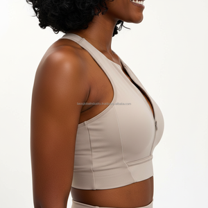 Custom Front Zipper Sports <b>Bra</b> High Neck Yoga Top Beige Athletic Crop Top Racerback Gym <b>Bra</b> Sleeveless Workout Wear for Women - Product Image 4