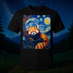 T-Shirt Promozionale con Grafica del Panda Rosso sulla Notte Stellata di Van Gogh - Product Image 3