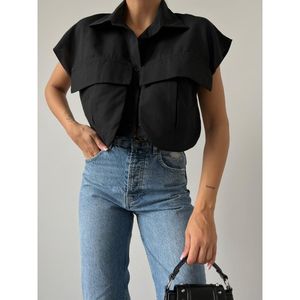 Mybeefashion Camisa informal de mezcla de algodón negra para mujer con detalle de bolsillo frontal, blusa de manga larga con cuello vuelto - Product Image 3