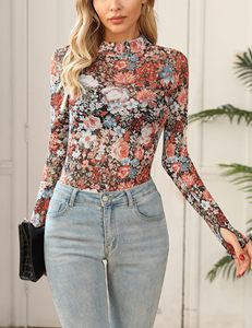 Vente en gros locale US Stock tendance pour femmes haut à col montant et à fleurs chemisier à manches longues en maille chemisier chemises pour femmes - Product Image 5