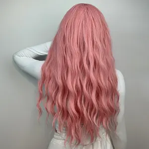 वियतनामी मानव बाल सफेद महिलाओं Cosplay दैनिक के लिए Ombre गुलाबी लंबी लहराती विग पार्टी Wigs बैंग्स बाल