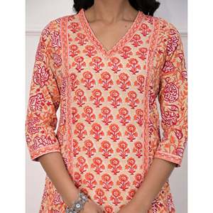Pink Floral <b>Printed</b> Straight Kurti Butti <b>Block</b> Style Traditional Indian Ethnic Cotton Dress Rayon Daily Wear Party Ocasional Use - Product Image 2