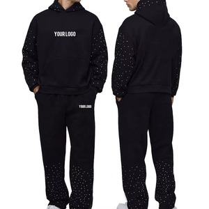 ชุดลำลองแบบ unisex สำหรับฤดูหนาว ผ้าฝ้าย 100% พิมพ์ลายประดับเพชร สไตล์สตรีทแวร์ เสื้อฮู้ดดี้ทรงโอเวอร์ไซส์ และกางเกงขายาวทรงบาน - Product Image 4