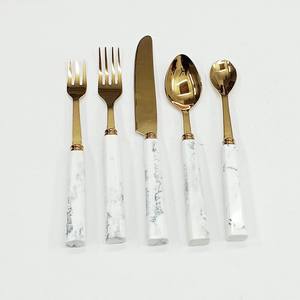 India's Best Distributor of High Quality Food Safe Stainless Steel <b>Golden</b> <b>Cutlery</b> <b>Set</b> With Marble Design Resin Handle - Product Image 1