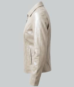 Veste en cuir ciré blanc pour femmes, col mandarin, fermeture éclair, coupe ajustée, manteau décontracté pour l'automne et l'hiver, doublure en coton laineux uni - Product Image 5
