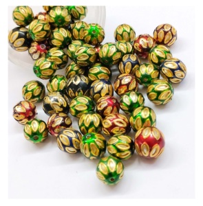 10mm Multicolor Lotus Pattern Glass Beads with Gold Accents Round Decorative Beads for Jewelry & <b>Craft</b> <b>Supplies</b> - Product Image 1
