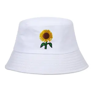 Hot Selling Trendy Fashion Short Brim Summer Hat Bucket Custom Logo Sunflower Embroidered Great Quality Sun Beach Hat
