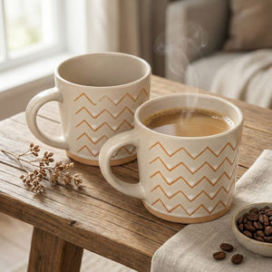 Juego de Tazas de Café de Cerámica con Diseño Ondulado Hecho a Mano, 2 Tazas de 200 ml Aptas para Lavavajillas con Cuchara, Taza de Agua Sublime para Uso Personalizado, Regalos - Product Image 1