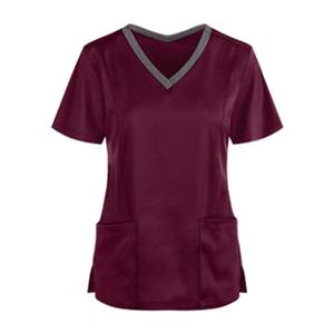 Uniforme d'allaitement pour femmes, été, couleur unie, manches courtes, col en V, chemisier avec poches - Product Image 3