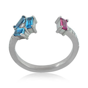 Anneau ouvert en argent oxydé fait à la main en topaze bleue, pavé de pierres précieuses 925, bijoux de mode en diamant - Product Image 6