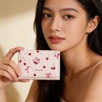 Dompet Kulit PU Motif Pita Ceri Lucu, Dompet Lipat Tiga Estetika Coquette Mewah, Tempat Kartu Kecil untuk Wanita Grosir