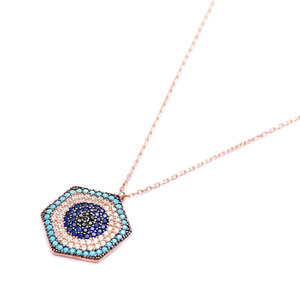 Colgante con Diseño de Ojo Hexagonal y Circonita, Joyería Artesanal Turca de Plata de Ley 925 al por Mayor - Product Image 1