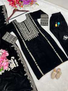 Lancement d'un nouveau designer de vêtements de fête Look Top Dupatta et pantalon de bas entièrement cousu Winter Wear Velvet Suit Fancy Embroidery Work - Product Image 5