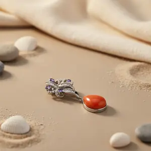 Colgante Artesanal de Plata con Tanzanita y Coral Naranja con Patrón de Cruz, Joyería Religiosa Fina para Mujer con Dije de Perla - Product Image 1